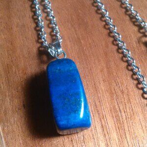 Lapis Lazuli Silvertone Brass Pendant Stainless Steel Necklace
